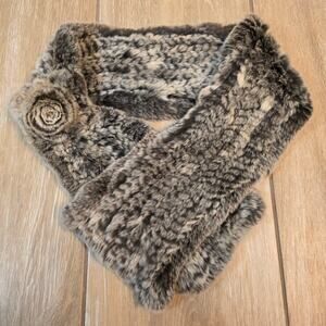 Cache Genuine Fur Scarf Brown Gray Rosette 39in Real Fur Wrap
